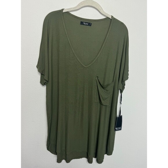 Michael Lauren Medium Revolve Ribbed Oversized Shirt Olive Green V-Neck NWT - Picture 1 of 9